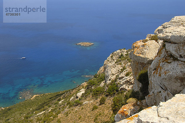 Küste  Steilküste  Felsen blaues Meer  Blick vom Berg Moutti tis Sotiras  Bad der Aphrodite  Akamas  Südzypern  Republik Zypern  Mittelmeer  Europa