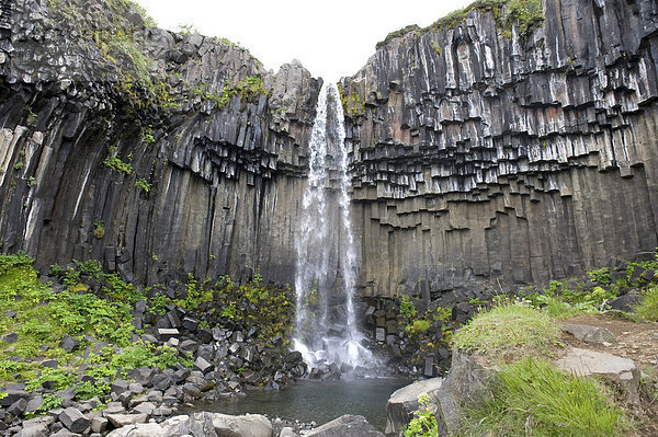 Wasserfall Svartifoss  Wasser stürzt über Felskante  Basaltsäulen  Skaftafell-Nationalpark  nun Vatnajökull-Nationalpark  Õsland  Island  Skandinavien  Nordeuropa  Europa