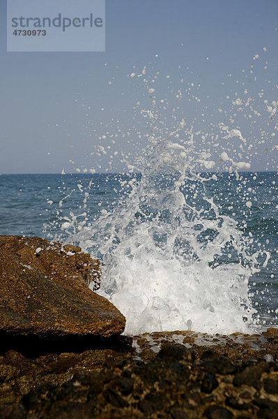 Sea spray  Mediterranean coast in Sitges  Parc National del Garraf  Costa Dorado  Spain  Europe