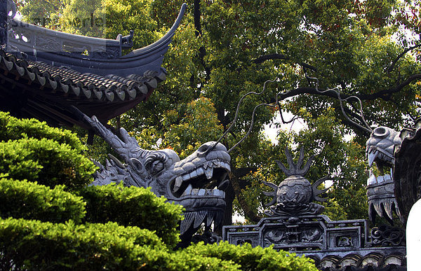 China  Shanghai  die alten chinesischen Cit Yu Garten XVI Jahrhundert in Yuyuan Street  Dragon am oberen Rand der Wand