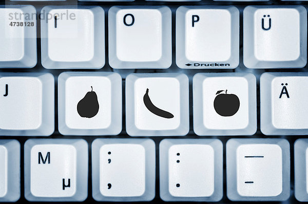 Computertastatur mit Obst-Symbolen  Symbolbild  Online-Einkauf von Lebensmitteln