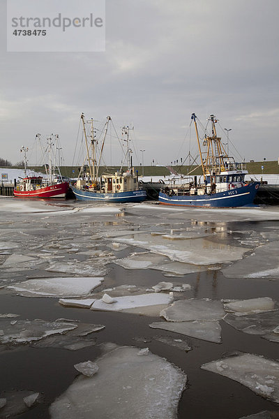 Fischerboote im Hafen  Eisschollen  Dornumersiel  Ostfriesland  Niedersachsen  Nordsee  Deutschland  Europa