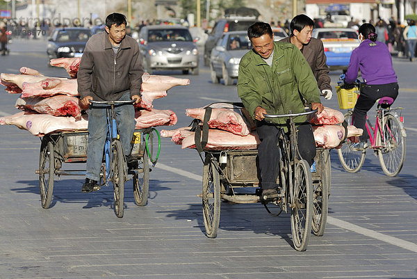 Männer auf dem Fahrrad  Lhasa  Tibet  China  Asien