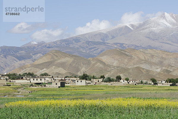 Feld und tibetisches Dorf vor Berglandschaft  Friendship Highway zwischen Shigatse und Lhatse  Tibet  China  Asien