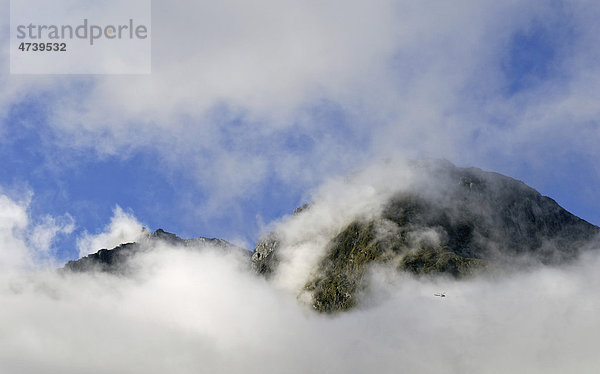 Berggipfel in Wolken mit Sightseeing Helicopter  Milford Sound  Fjordland Nationalpark  Südinsel  Neuseeland