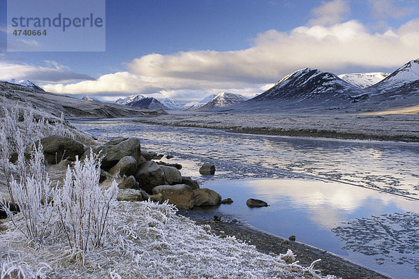 Raureif am Fluss Hörg·  _elamörk  Hörg·rdalur  Akureyri  Nordisland  Island  Europa