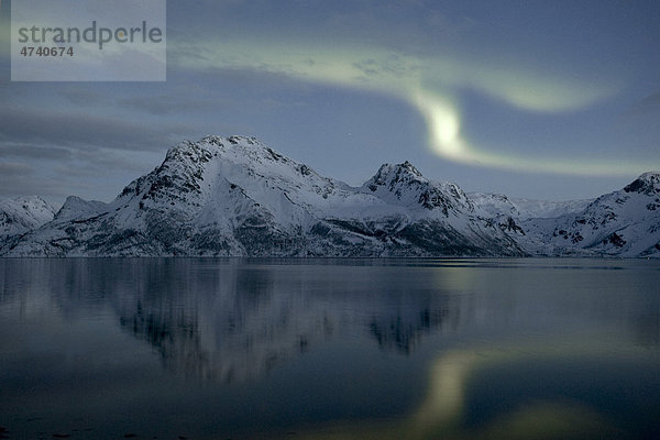 Nordlichter (Aurora borealis) über dem Berg Stortinden im ÿksfjorden  ÿksfjord  Loppa  Finnmark  Norwegen  Europa