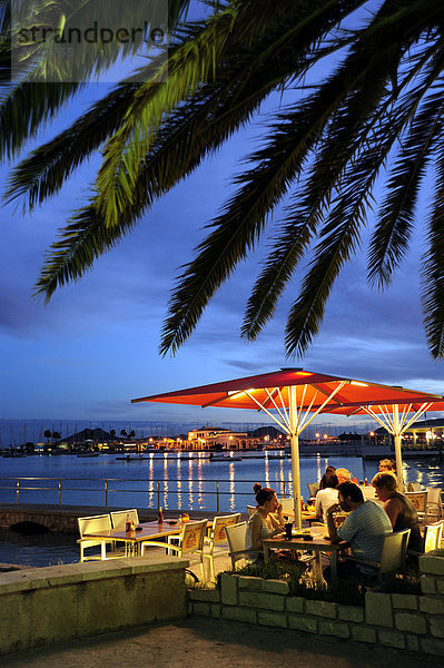 Cafe und Restaurant am Abend  Palme am Meer  Puerto de Pollensa  Port de Pollenca  Mallorca  Majorca  Balearen  Balearische Inseln  Mittelmeer  Spanien  Europa