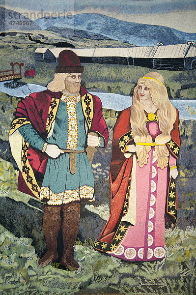 Isländisches Paar aus der alten Zeit der Sagas in typischer Kleidung  Abbildung auf Wandteppich  Freilichtmuseum  Skogar  Island  Skandinavien  Nordeuropa  Europa