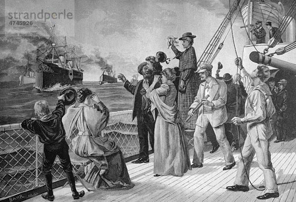 Der erste Gruß aus der Heimat  heimkehrende Schiffe  historisches Bild  ca. 1893