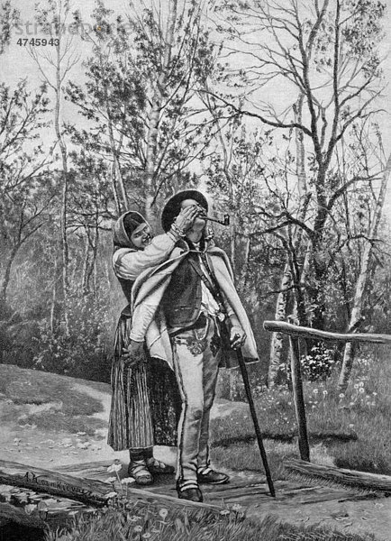 Frau hält einem Mann die Augen zu  historisches Bild  ca. 1893
