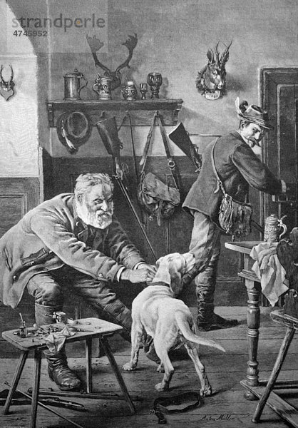 Jäger mit Hund beim Aufbruch zur Jagd  historisches Bild  ca. 1893