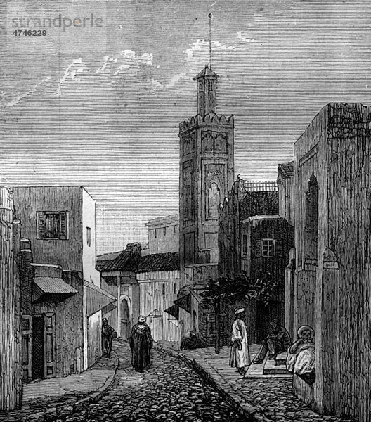 Moschee und Straße in Tanger  Marokko  historische Illustration  1883