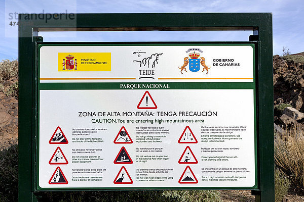 Schild mit Verhaltensregeln  Teide-Nationalpark  Teneriffa  Kanarische Inseln  Spanien  Europa