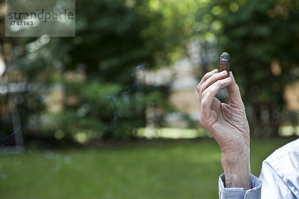 Hand eines alten Herren mit qualmender Zigarre  Zigarrenstummel