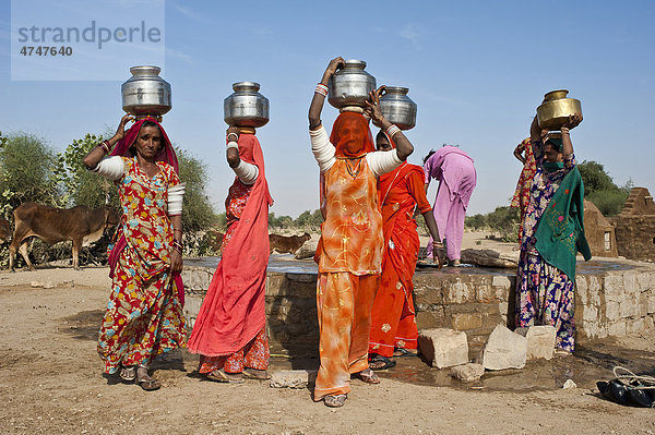 Inderinnen im Sari tragen auf ihren Köpfen am Brunnen gefüllte Wasserkrüge  Wüste Thar  Rajasthan  Indien  Asien
