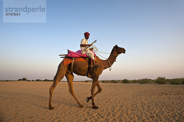 Ein Inder  mit traditionellem Dhoti und Turban bekleidet  reitet auf seinem Kamel durch die Wüste  Wüste Thar  Rajasthan  Indien  Asien