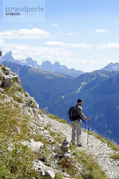 Wanderer  Bergsteiger am Hirzelweg  Rotwand  Rosengarten  UNESCO Weltnaturerbe  Südtirol  Italien  Europa