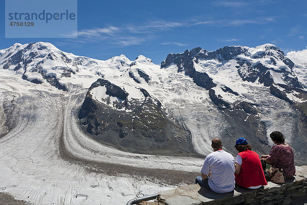 Gornergrat  Blick auf Grenzgletscher und Gornergletscher  Berge von links: Liskamm  Castor  Pollux und Breithorn  Zermatt  Graubünden  Schweiz  Europa