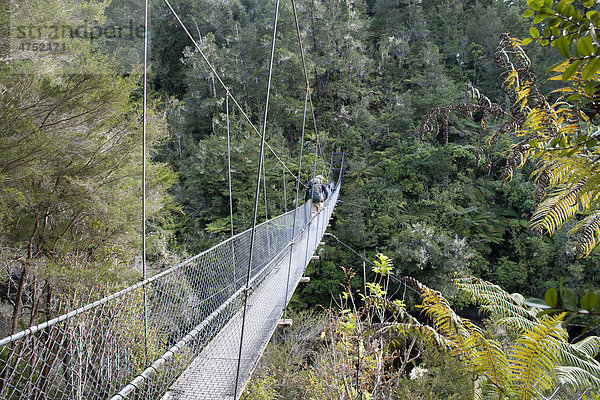 Ein Wanderer auf einer Brücke über den Falls River  Abel Tasman Nationalpark  Nelson  Südinsel  Neuseeland
