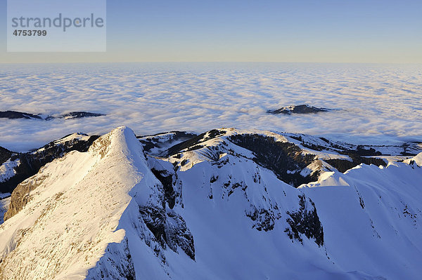 Der 2448 Meter hohe Girenspitz in der nördlichen Alpsteinkette  dahinter eine geschlossene Wolkendecke bis zum Horizont  Kanton Appenzell Innerrhoden  Schweiz  Europa