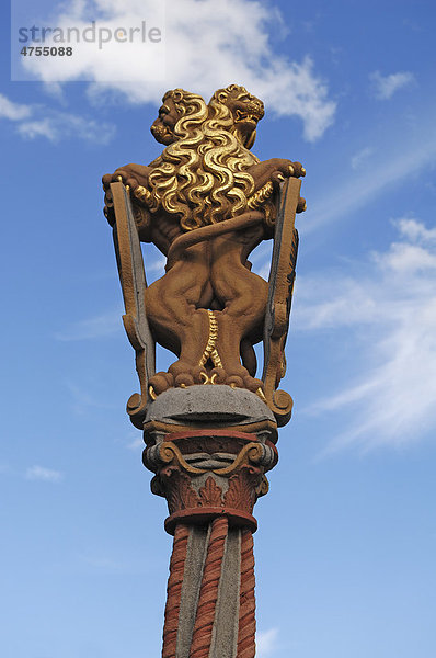 Säule mit zwei Löwen die das Ulmer Wappen halten  Münsterplatz  Ulm  Baden-Württemberg  Deutschland  Europa
