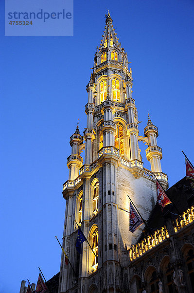 Rathaus mit Beleuchtung am Abend  Turm im Stil der Gotik  Hotel de Ville auf dem Grand Place  Stadhuis auf dem Grote Markt Platz  Innenstadt  Brüssel  Belgien  Benelux  Europa