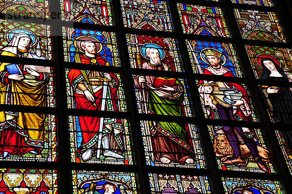 Bleiverglasung  Bleiglasfenster mit Darstellungen religiöser Figuren  Notre Dame du Sablon Kirche  Zavel Kerk  Stadtzentrum  Brüssel  Belgien  Benelux  Europa