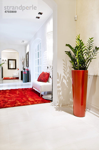 Moderne Wohneinrichtung  Flur mit rotem Teppich und weißen Sesseln