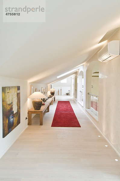 Moderne Wohneinrichtung mit rotem Teppich
