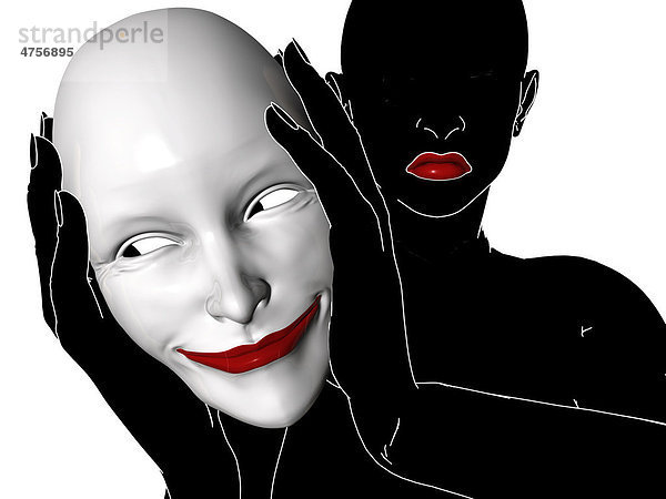 Person hält sich grinsende Maske vor  Illustration  Symbolbild Psychopharmaka  Tablettensucht