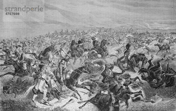 Preußisches Schnellfeuer auf französische Reiterei in der Schlacht bei Sedan  Illustrierte Kriegschronik 1870 - 1871  Deutsch-französischer Feldzug