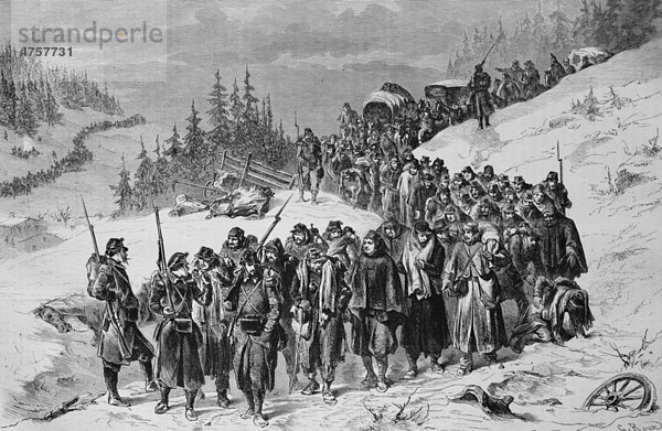 Eskortierung französischer Soldaten durch schweizerisches Militär im Neuenburger Jura am 3. Januar 1871  Illustrierte Kriegschronik 1870 - 1871  Deutsch-französischer Feldzug