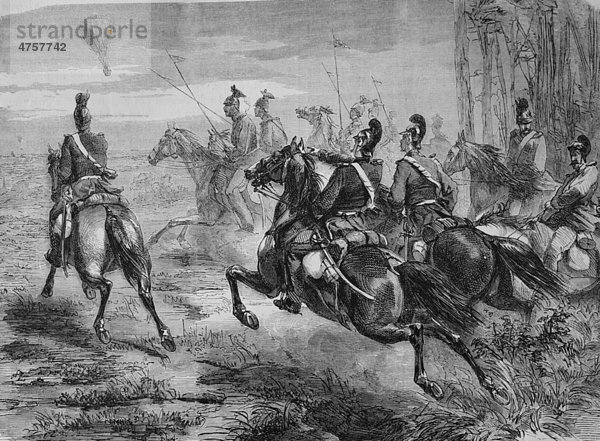 Verfolgung einer französischen Ballonpost durch bayerische Soldaten  Illustrierte Kriegschronik 1870 - 1871  Deutsch-französischer Feldzug