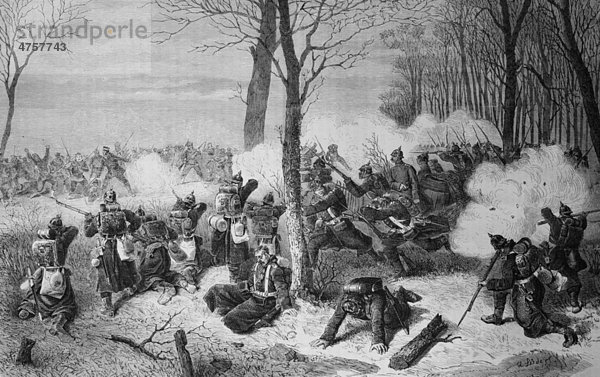 Verteidigung von Le Bourget gegen den Angriff französischer Seesoldaten im Gefecht am 21. Dezember 1870  Illustrierte Kriegschronik 1870 - 1871  Deutsch-französischer Feldzug