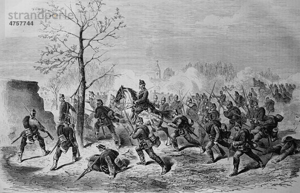 Sturm der preußischen Gardeschützen auf das Dorf Le Bourget  Illustrierte Kriegschronik 1870 - 1871  Deutsch-französischer Feldzug