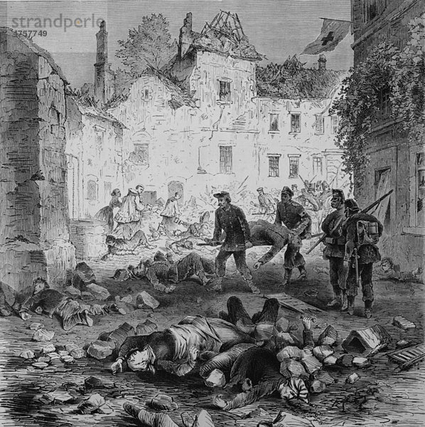 Eine Straße in Laon nach der Sprengung des Pulverturmes  Illustrierte Kriegschronik 1870 - 1871  Deutsch-französischer Feldzug