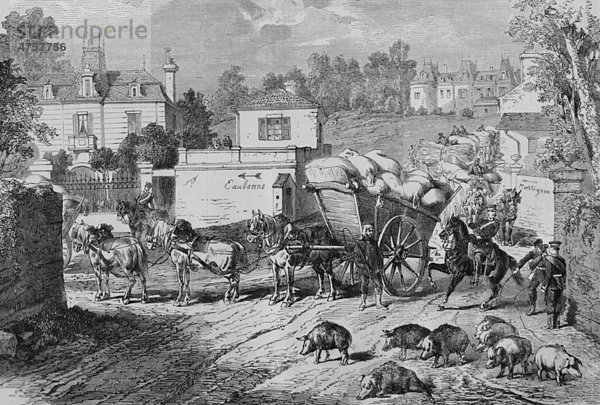 Durchmarsch einer Requisitionskolonne durch Montlignon vor Paris  Illustrierte Kriegschronik 1870 - 1871  Deutsch-französischer Feldzug