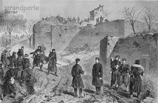 Demolierung französischer Batterien auf dem Mont Abron  Illustrierte Kriegschronik 1870 - 1871  Deutsch-französischer Feldzug
