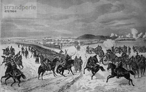 Die badischen Truppen im Gefecht bei Montbeliard  historische Illustration  Illustrierte Kriegschronik 1870 - 1871  Deutsch-französischer Feldzug