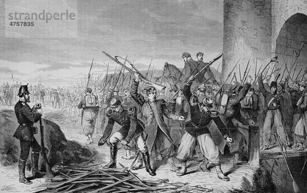 Abzug der Straßburger Besatzung aus der Festung nach der Kapitulation  28. September 1870  historische Illustration  Illustrierte Kriegschronik 1870 - 1871  Deutsch-französischer Feldzug