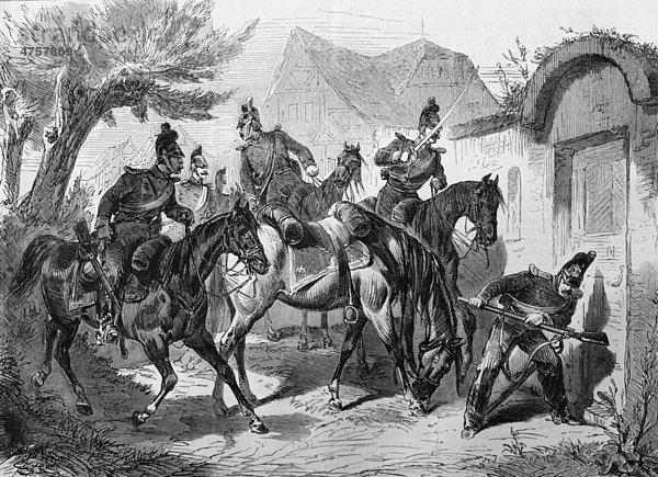 Patrouille bayerischer Chevauxlegers  historische Illustration  Illustrierte Kriegschronik 1870 - 1871  Deutsch-französischer Feldzug