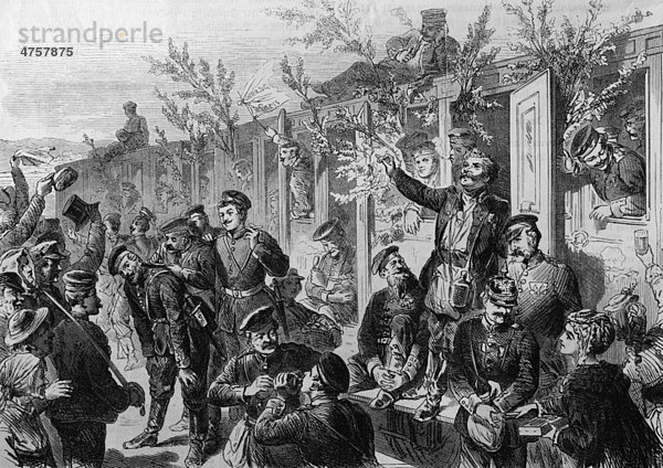 Ankunft des 17. Infanterieregimentes an der Wasserstation in Düsseldorf  historische Illustration  Illustrierte Kriegschronik 1870 - 1871  Deutsch-französischer Feldzug