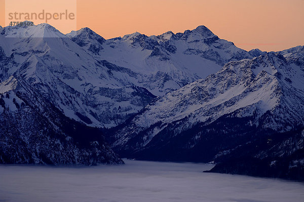 Sonnenaufgang über winterlichen Berggipfeln mit Nebelmeer  Sonthofen  Allgäu  Bayern  Deutschland  Europa