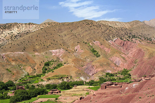 Flusstal mit kleinen Feldern und Dorf mit Lehmhäusern der Berber  Ait Bouguemez-Tal  Hoher Atlas  Marokko  Afrika