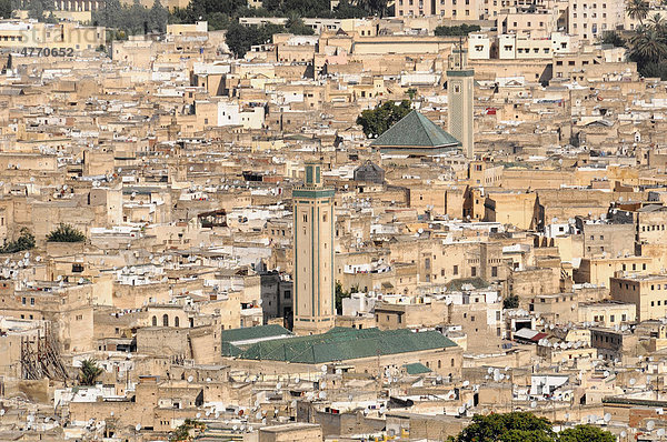 Stadtansicht der Altstadt mit Moscheen  Königsstadt Fes  Marokko  Afrika