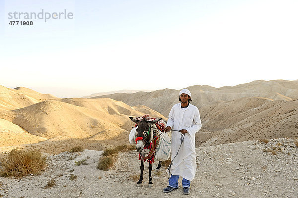 Arabischer Andenkenverkäufer mit Esel  Wüste  Wadi el Qelt  Jericho  Judäa  Westjordanland  Israel  Naher Osten  Vorderasien
