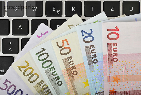 Laptop  PC  diverse EURO-Banknoten  Geldscheine  Fächer  Symbolbild Internetgeschäfte  Computergeschäfte