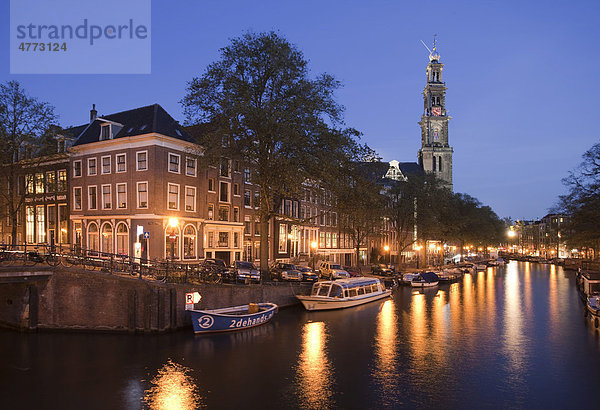 Westerkerk  Westkirche  mit Westertoren  Glockenturm  an der Prinsengracht  Amsterdam  Holland  Niederlande  Europa