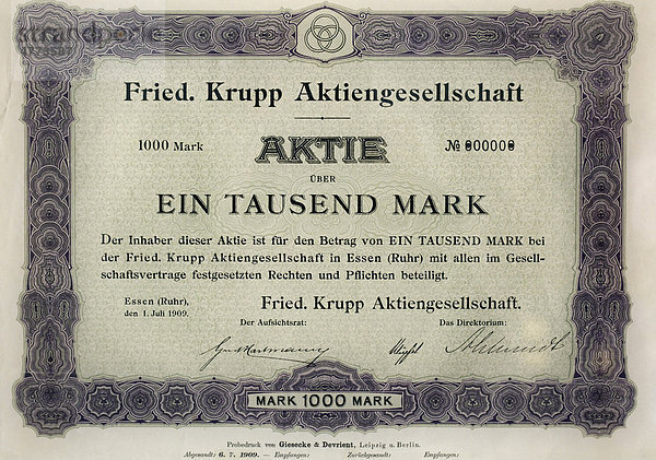 Historische Aktie der Friedrich Krupp AG  Ein Tausend Mark  Ausstellung Villa Hügel  Essen-Baldeney  Nordrhein-Westfalen  Deutschland  Europa